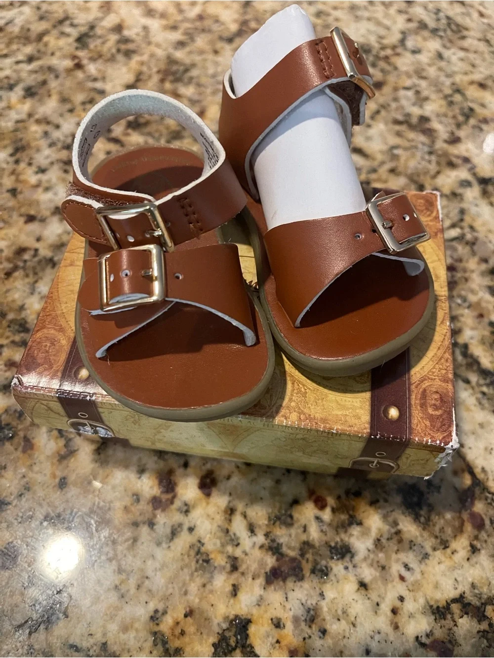 FootMates Brown Leather Baby Walker Sandals with Gold Buckles